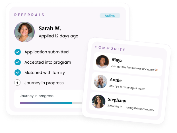 Dashboard preview showing referrals progress and community activity